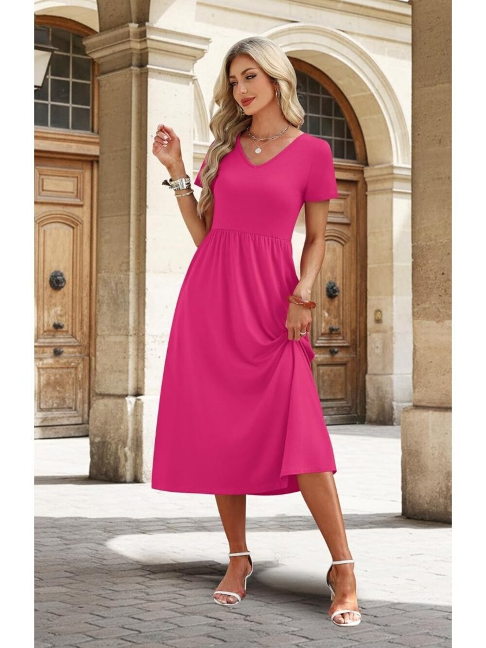 Women's Solid Pink Flowy Casual A Line Midi Beach Sundresses With Pocket - Picture 3 of 5